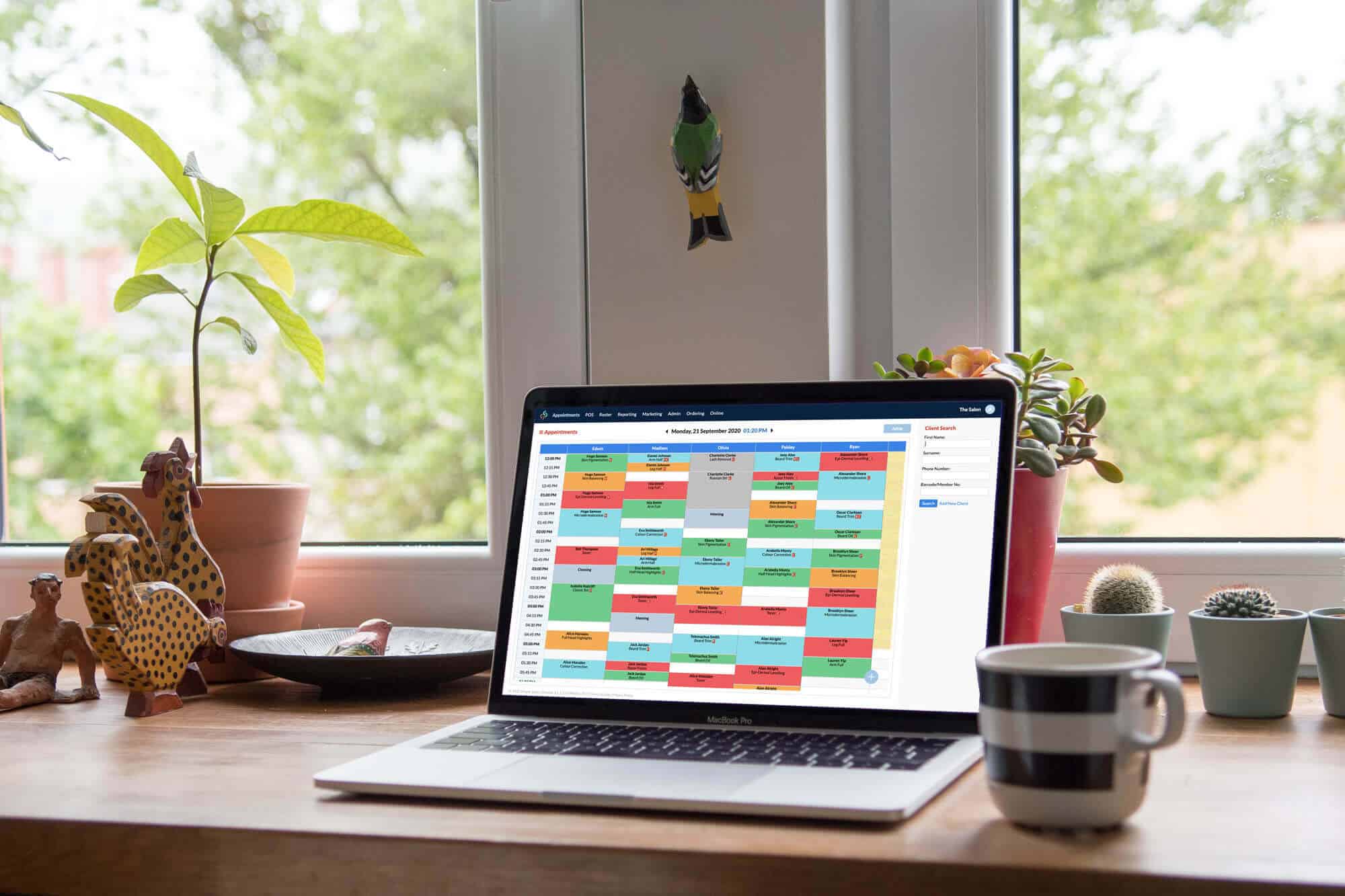 An open laptop displaying a colorful appointment calendar on its screen, situated on a home office desk surrounded by indoor plants, illustrating the convenience and organization provided by salon booking software.