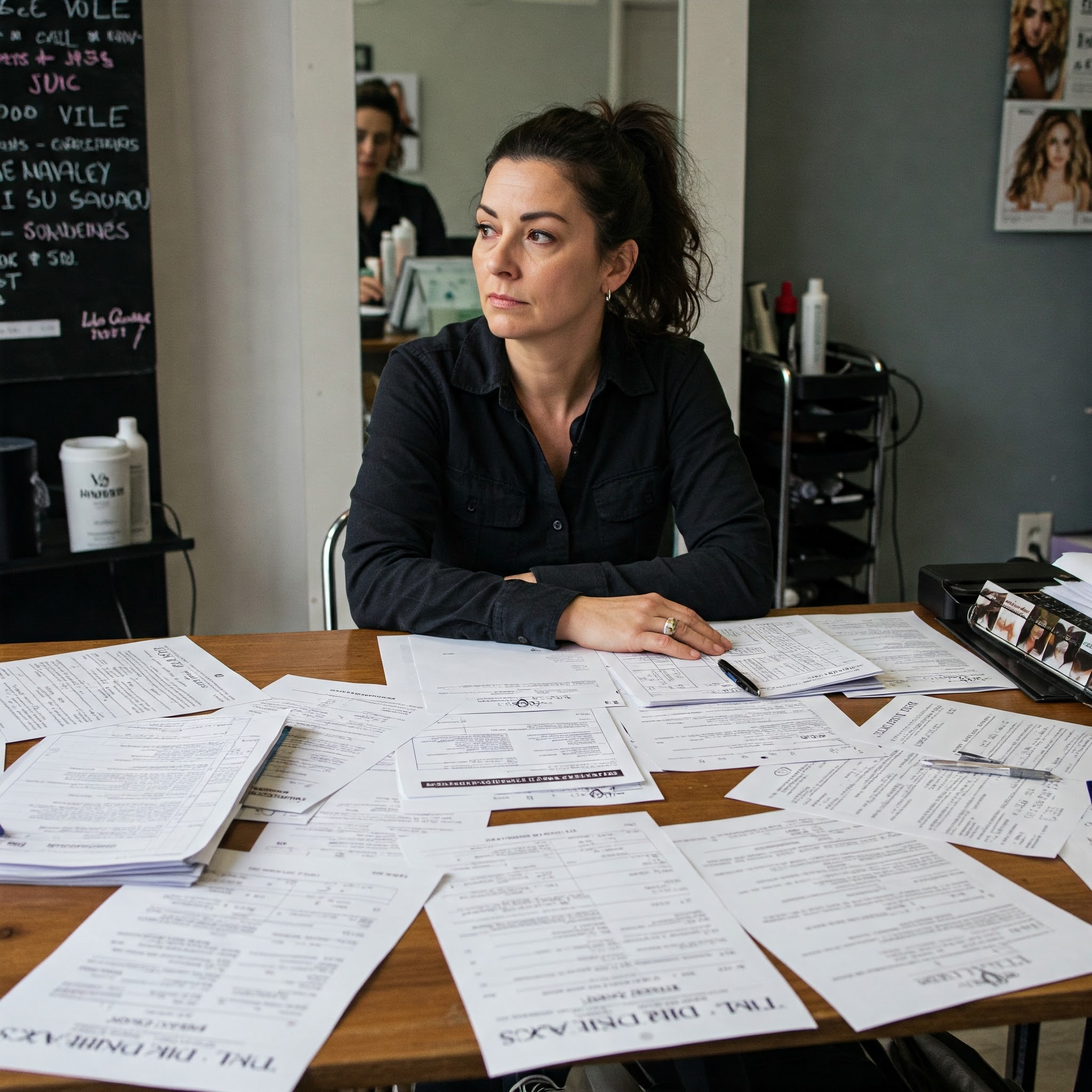 Gemini_Generated_Image_jpsze7jpsze7jpsz Salon owner drowning in paperwork, losing valuable time that could be spent with clients.