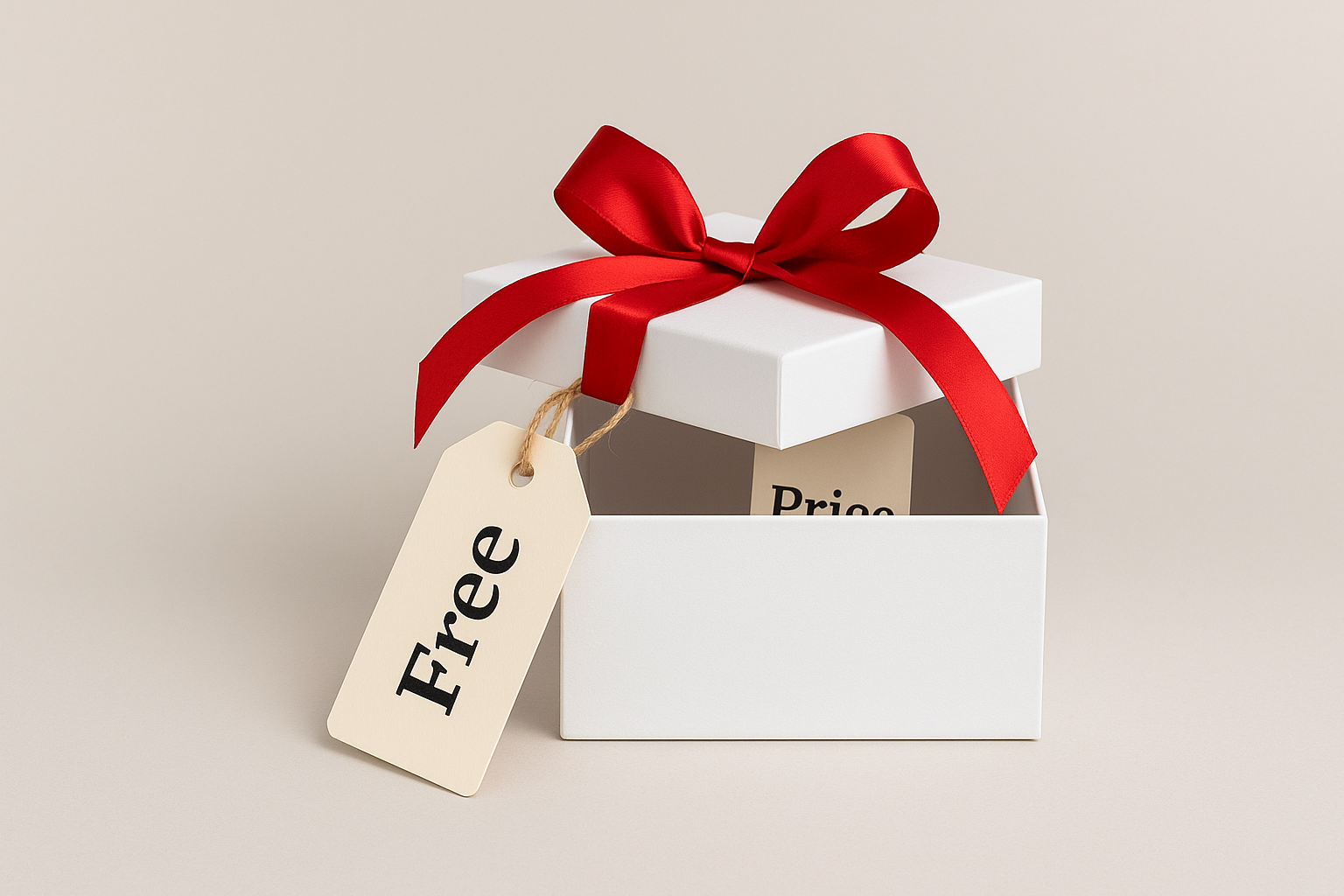 ChatGPT Image Aug 14, 2025, 08_52_04 AM An open white gift box with a red satin ribbon, featuring a visible tag reading “Free” on the lid and a hidden tag inside labeled “Price,” symbolizing a hidden cost behind a free offer.