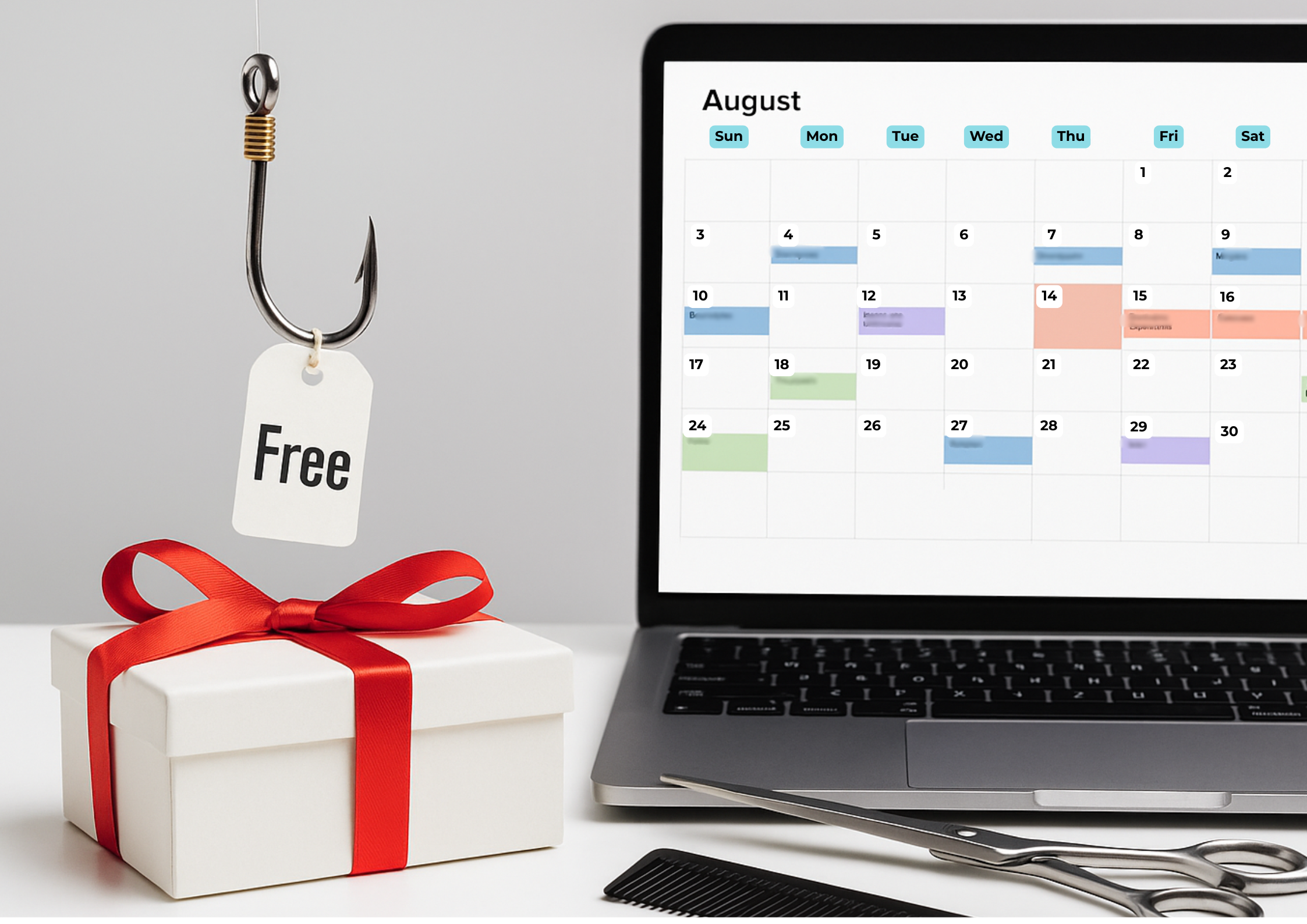 Calendar A fishing hook labeled “Free” hangs over a gift box beside a laptop showing an August salon calendar, with scissors and a comb in front.